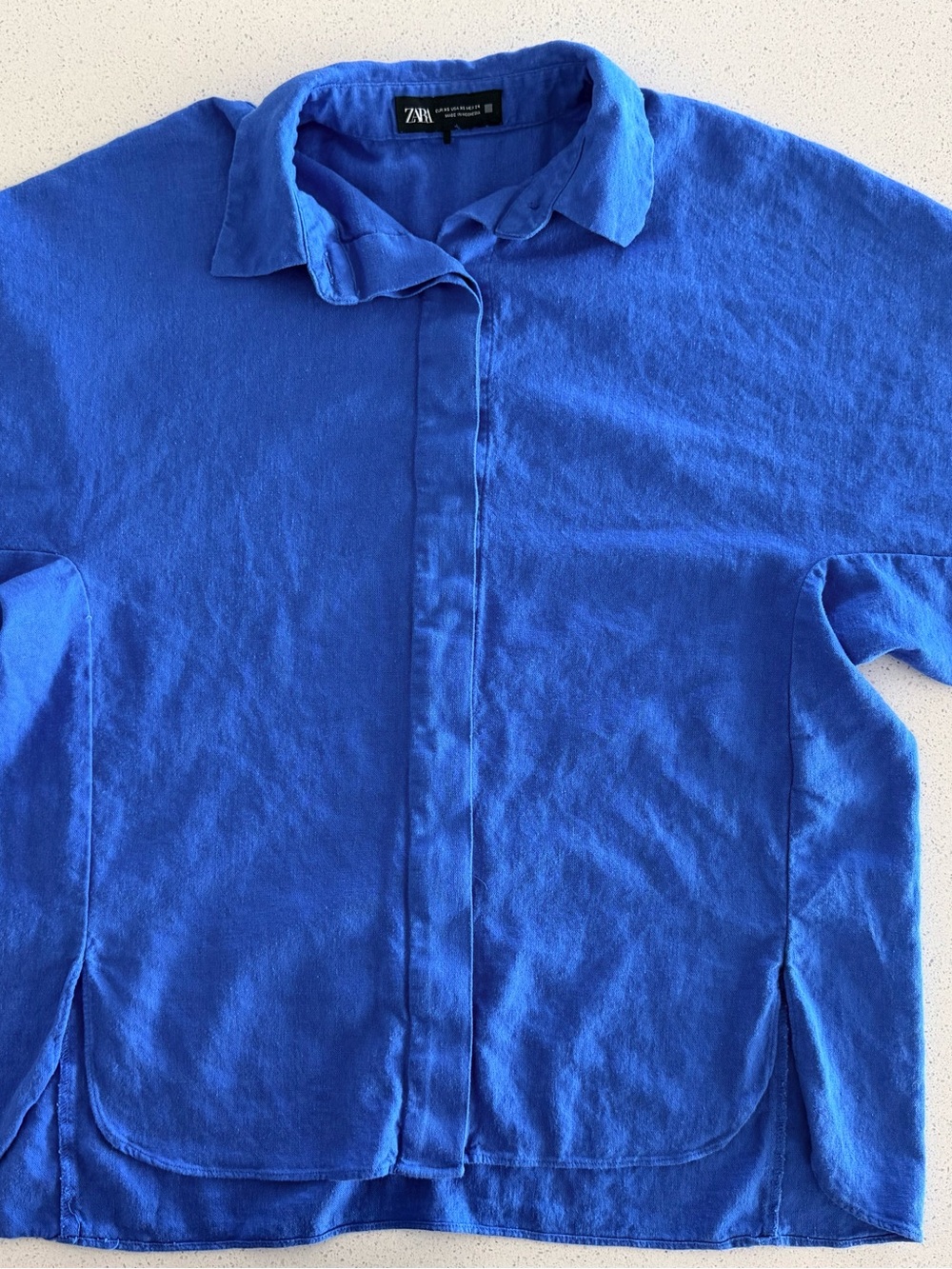 ZARA Blue Linen Blouse Oversized Boxy Short Sleeve Hidden Button Shirt XS Women